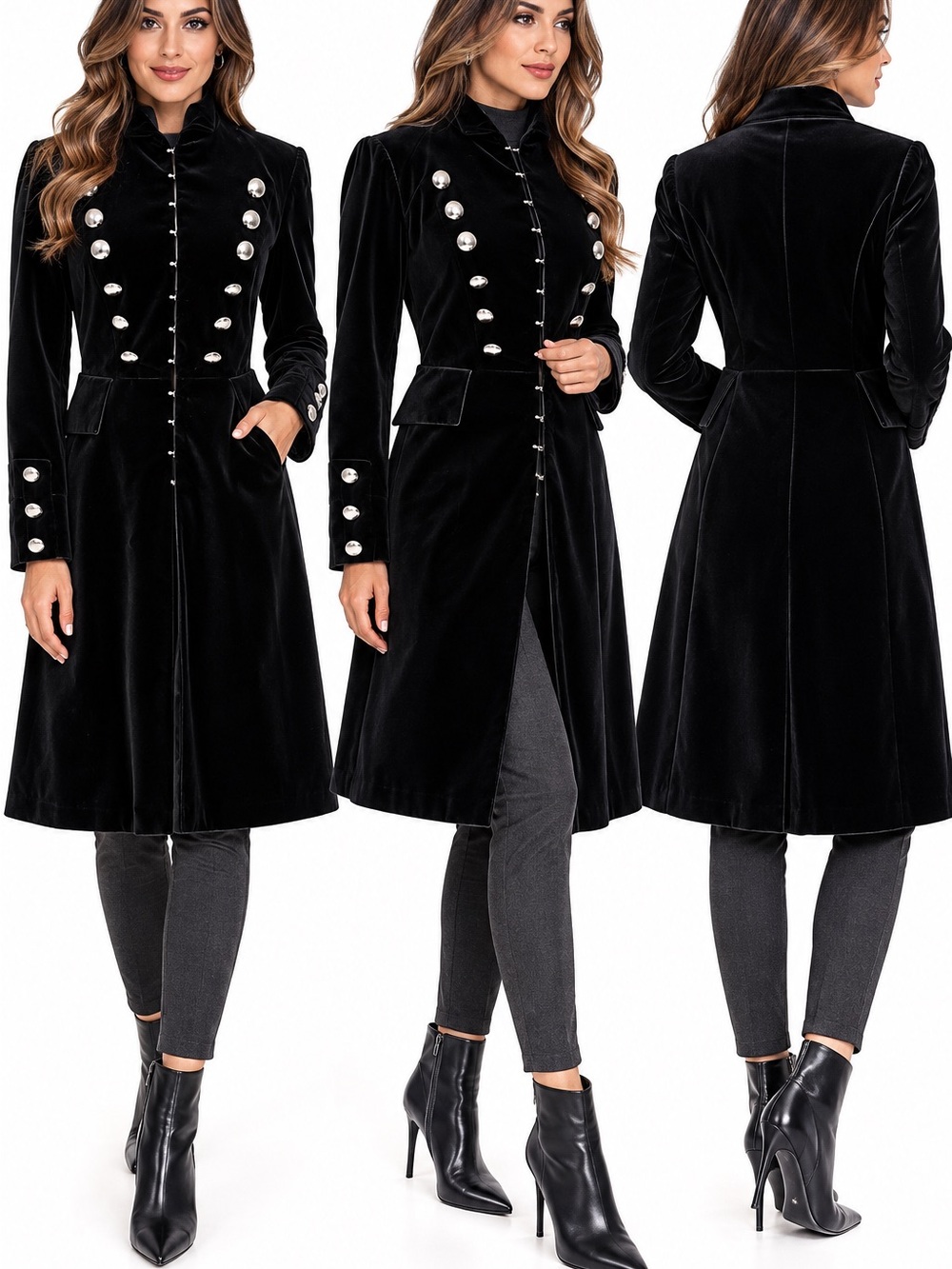 Newport News Black Velvet Military-Style Coat